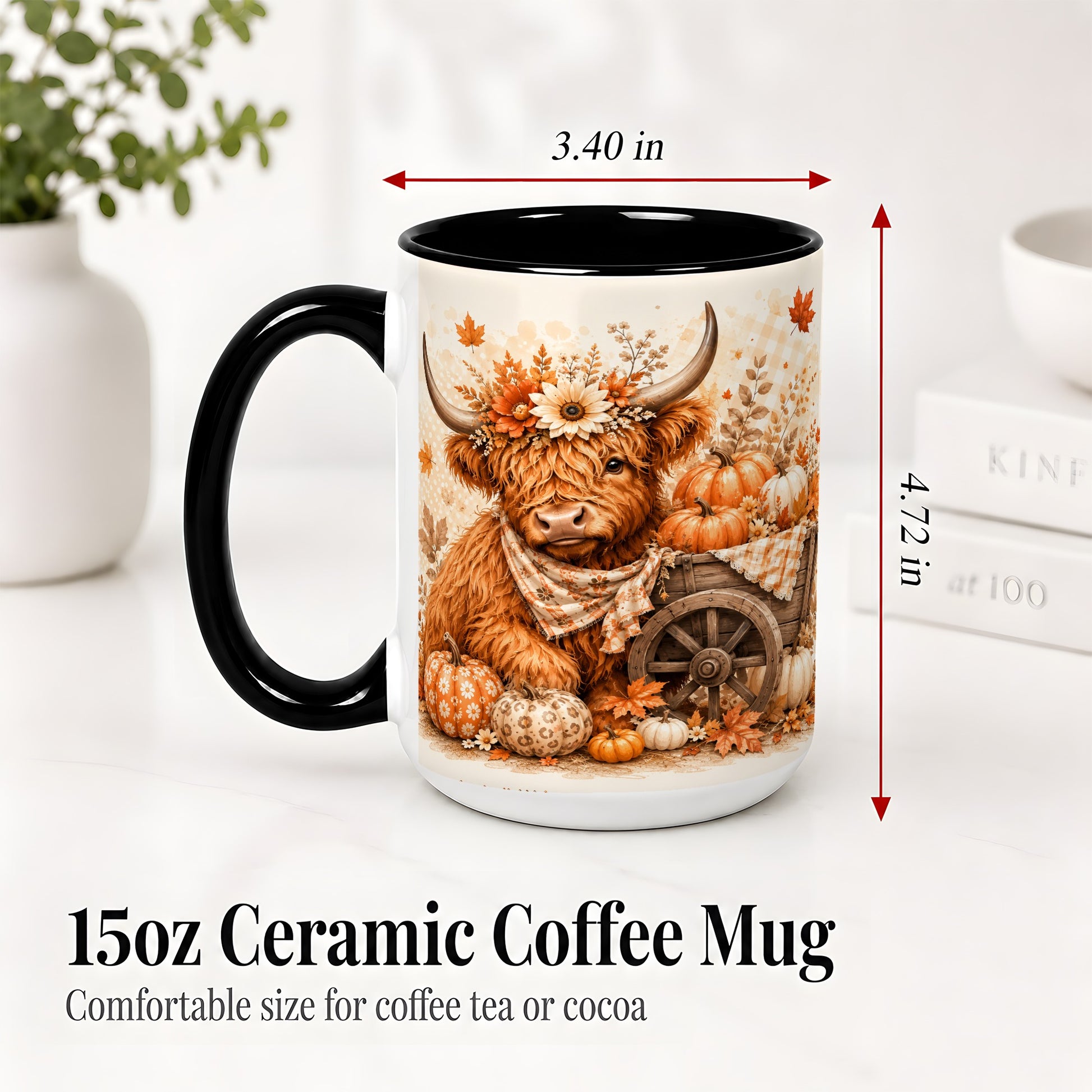 #pl[15oz|Black] Autumn Highland Cow Accent Mug, Mug with Pumpkin Floral Artwork