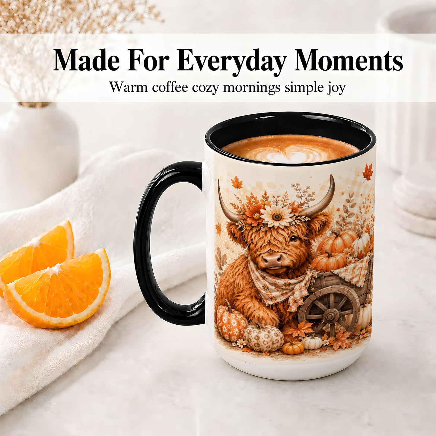 #pl[15oz|Black] Autumn Highland Cow Accent Mug, Mug with Pumpkin Floral Artwork