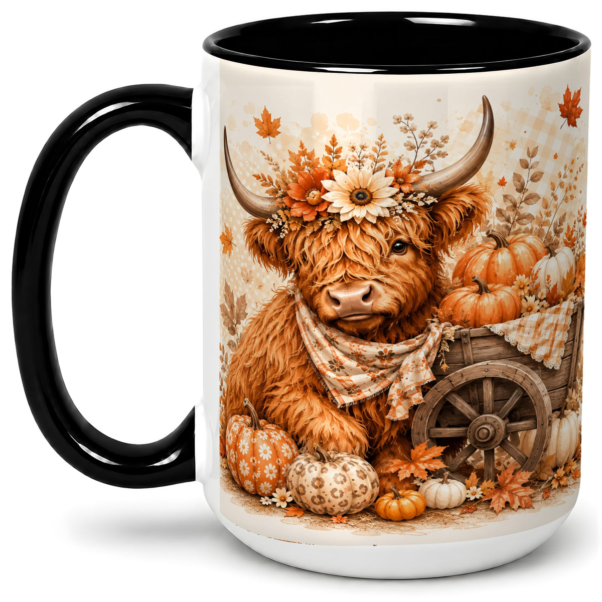#pl[15oz|Black] Autumn Highland Cow Accent Mug, Mug with Pumpkin Floral Artwork