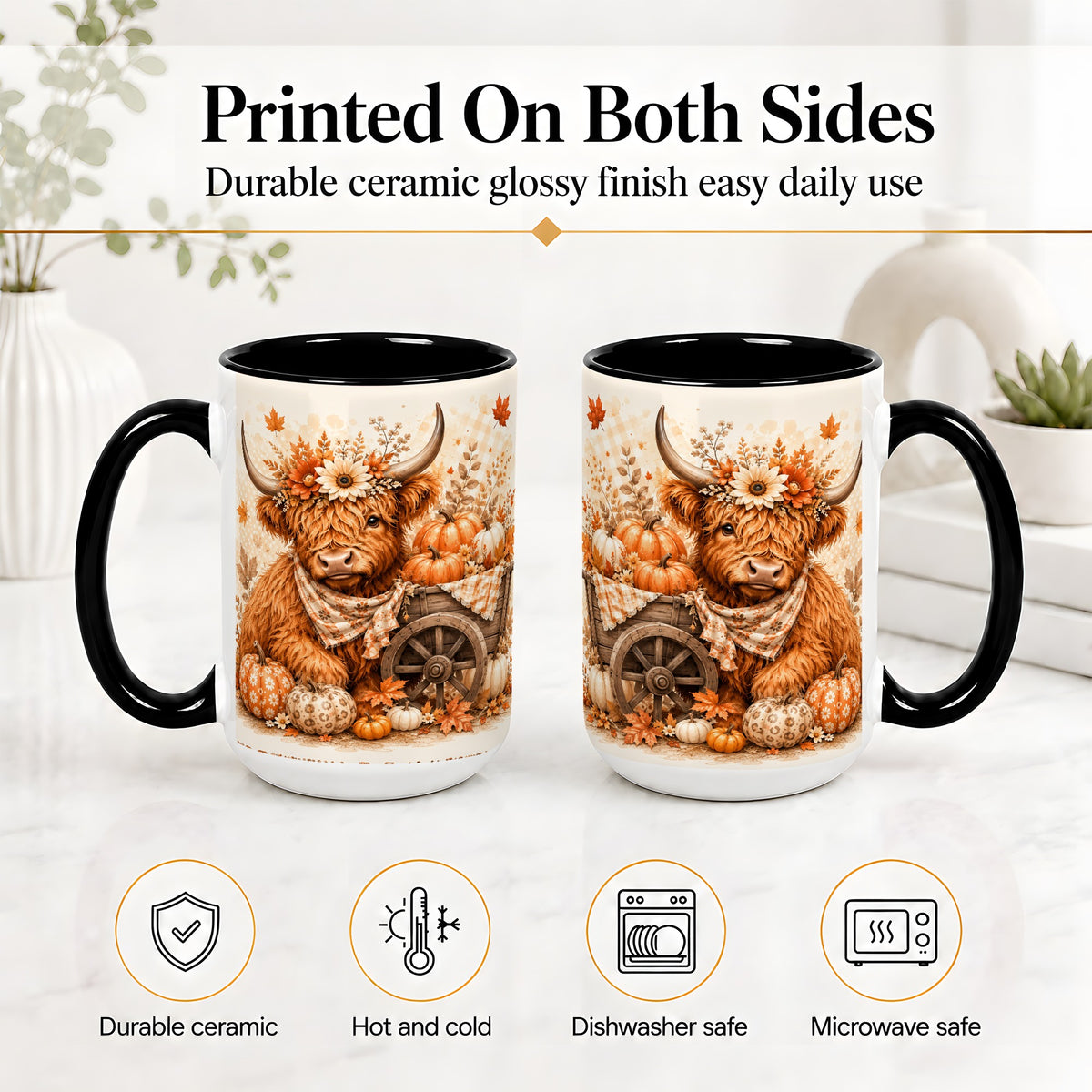#pl[15oz|Black] Autumn Highland Cow Accent Mug, Mug with Pumpkin Floral Artwork