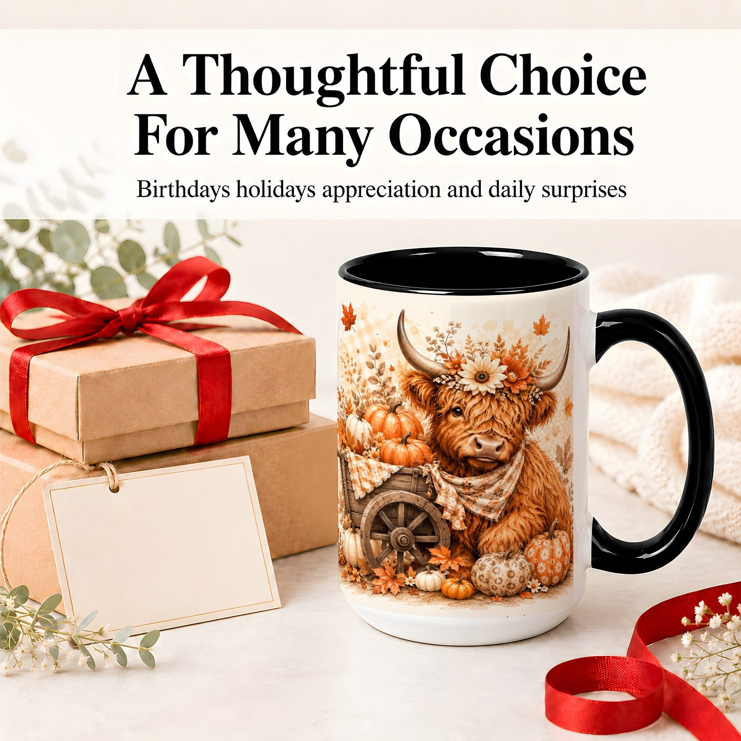 #pl[15oz|Black] Autumn Highland Cow Accent Mug, Mug with Pumpkin Floral Artwork