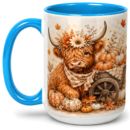 #pl[15oz|Blue] Autumn Highland Cow Accent Mug, Mug with Pumpkin Floral Artwork