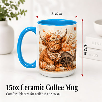 #pl[15oz|Blue] Autumn Highland Cow Accent Mug, Mug with Pumpkin Floral Artwork
