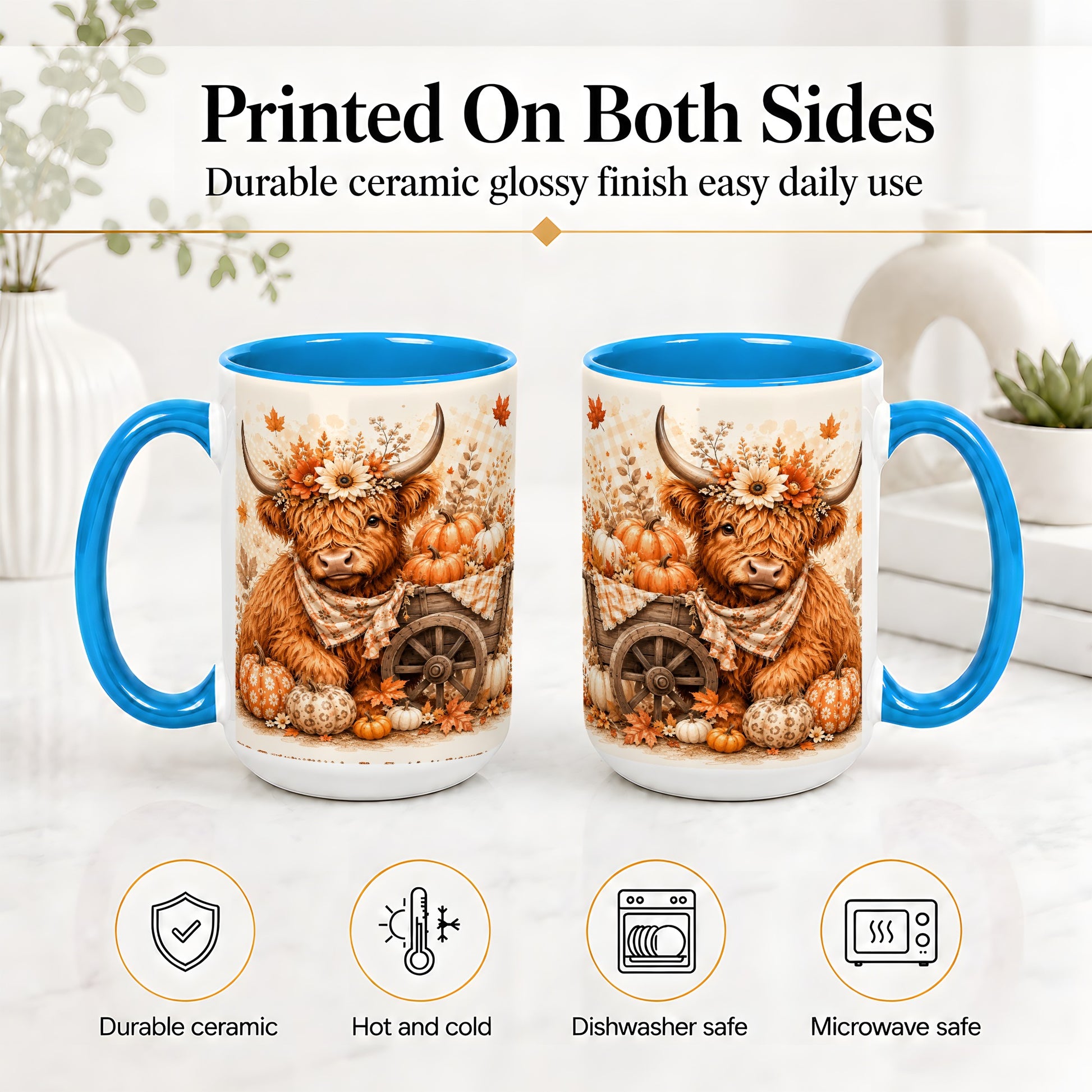 #pl[15oz|Blue] Autumn Highland Cow Accent Mug, Mug with Pumpkin Floral Artwork
