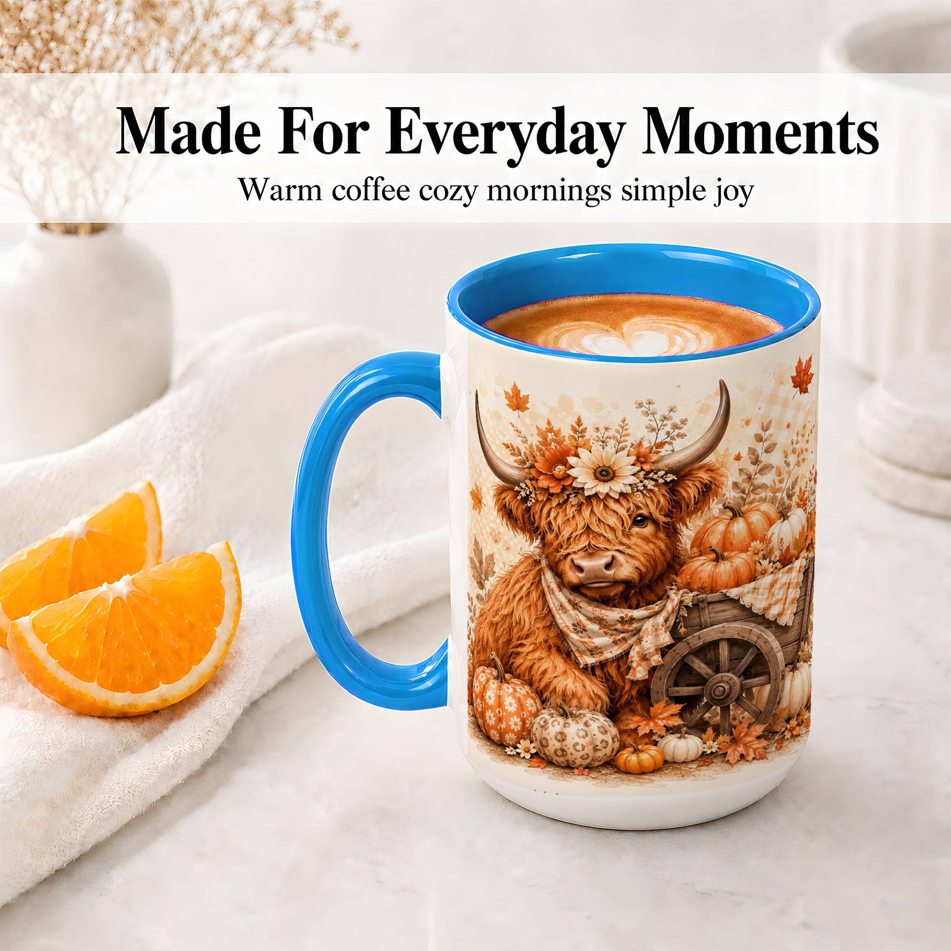 #pl[15oz|Blue] Autumn Highland Cow Accent Mug, Mug with Pumpkin Floral Artwork