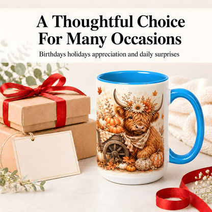 #pl[15oz|Blue] Autumn Highland Cow Accent Mug, Mug with Pumpkin Floral Artwork