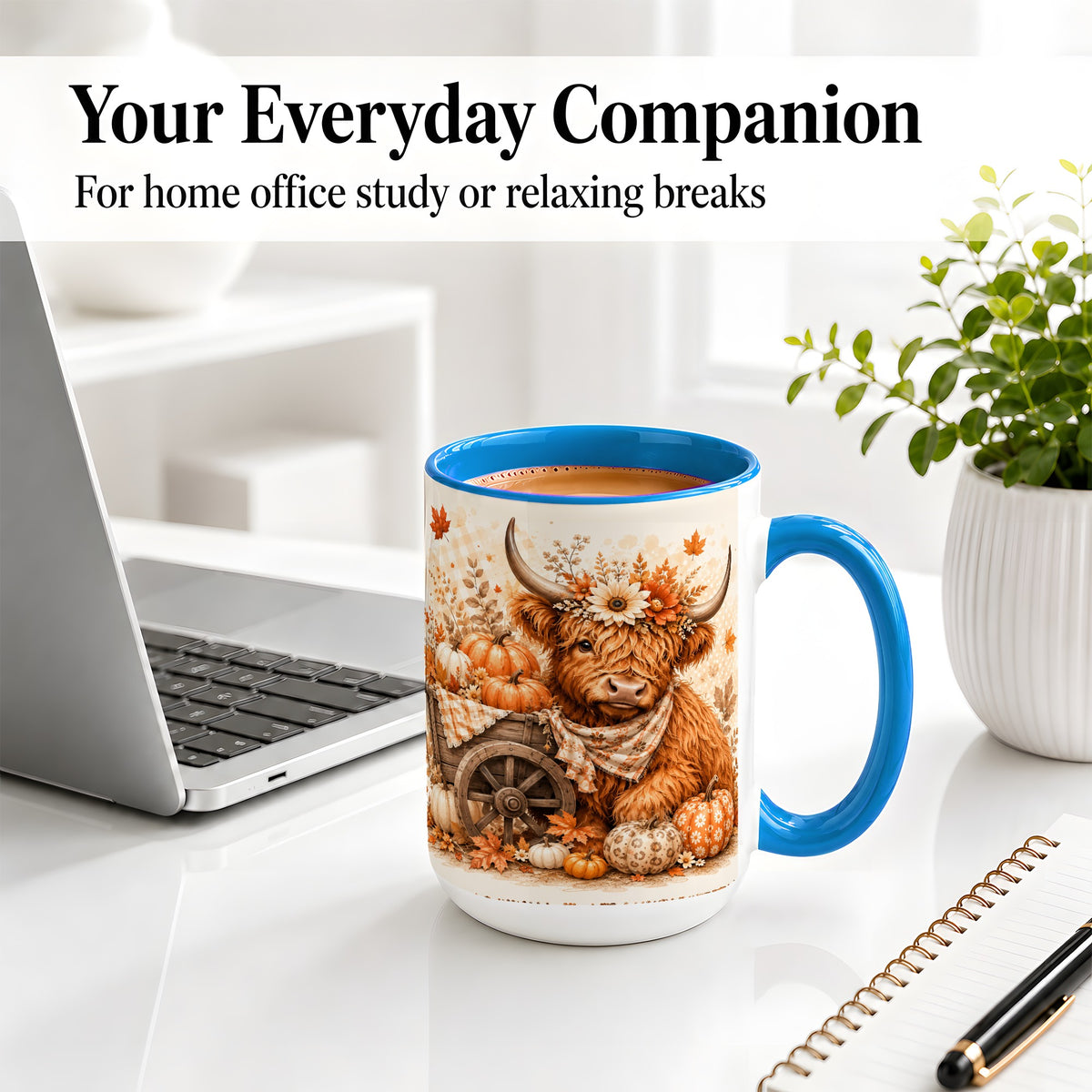 #pl[15oz|Blue] Autumn Highland Cow Accent Mug, Mug with Pumpkin Floral Artwork