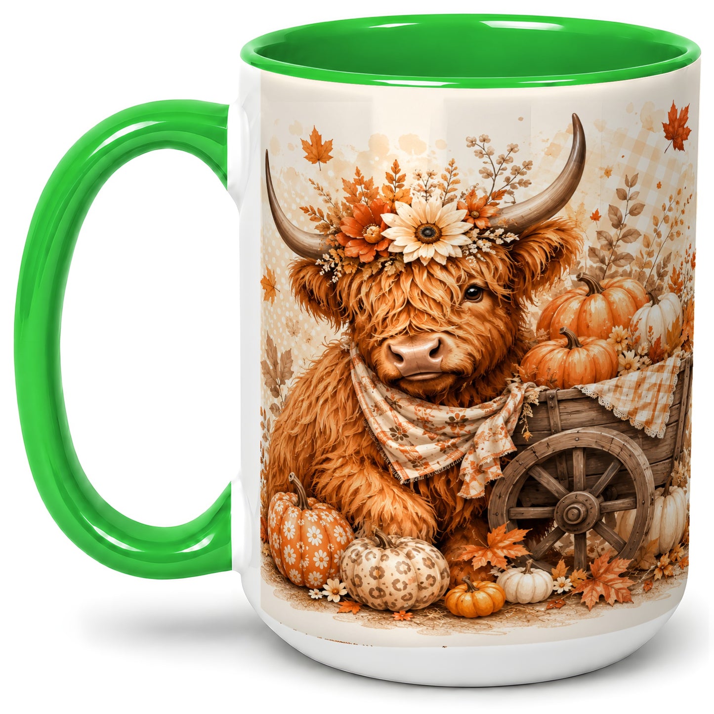 #pl[15oz|Green] Autumn Highland Cow Accent Mug, Mug with Pumpkin Floral Artwork