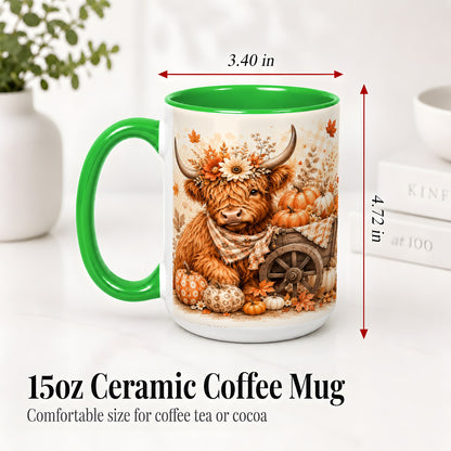 #pl[15oz|Green] Autumn Highland Cow Accent Mug, Mug with Pumpkin Floral Artwork