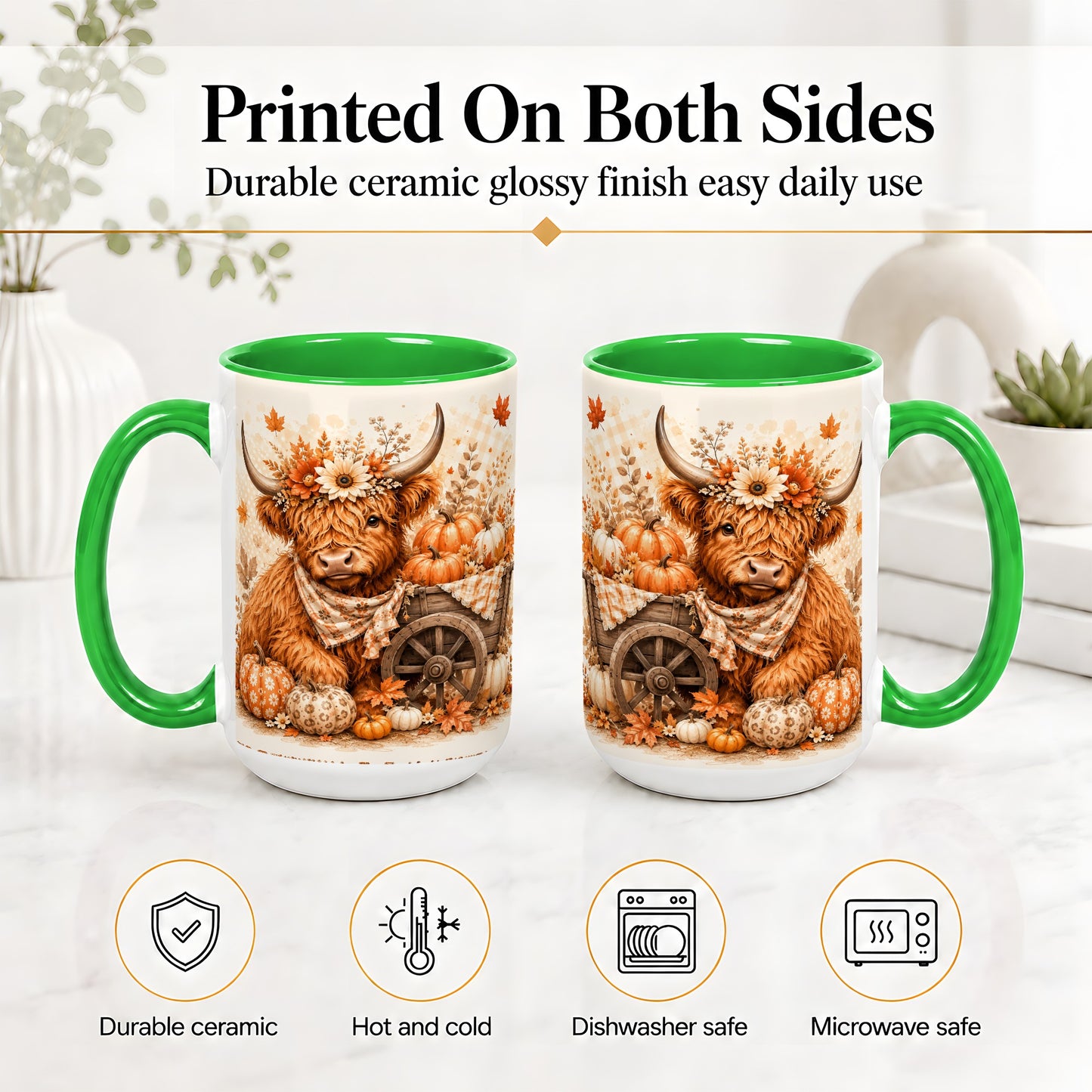 #pl[15oz|Green] Autumn Highland Cow Accent Mug, Mug with Pumpkin Floral Artwork