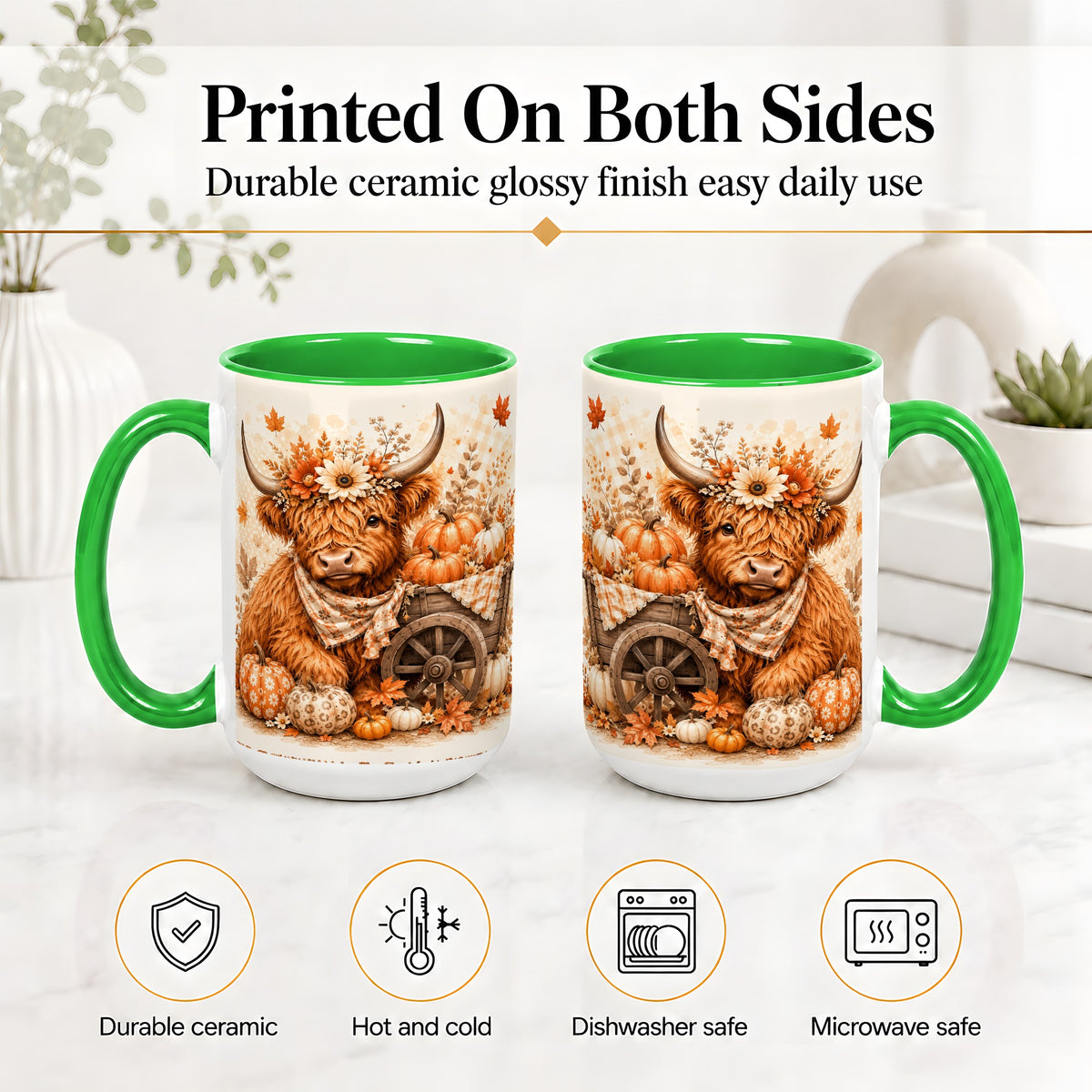 #pl[15oz|Green] Autumn Highland Cow Accent Mug, Mug with Pumpkin Floral Artwork