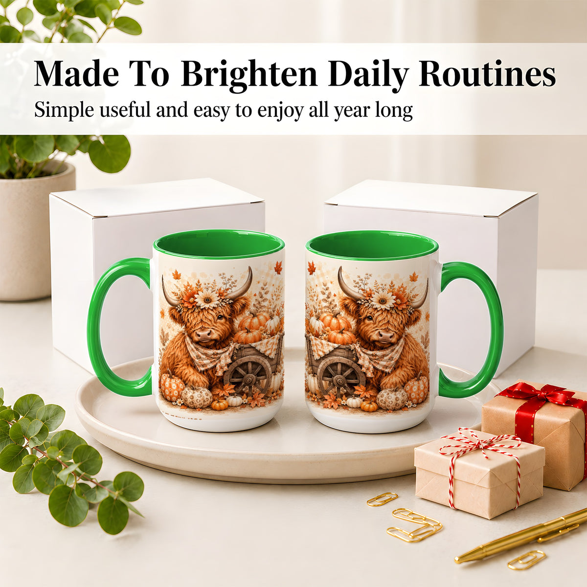 #pl[15oz|Green] Autumn Highland Cow Accent Mug, Mug with Pumpkin Floral Artwork
