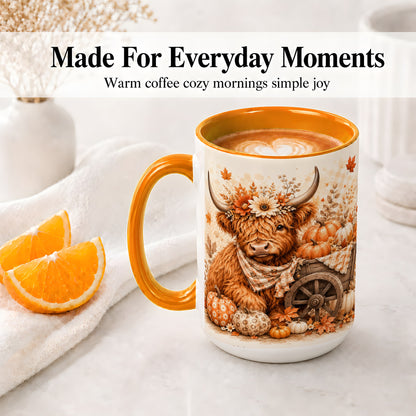#pl[15oz|Orange] Autumn Highland Cow Accent Mug, Mug with Pumpkin Floral Artwork