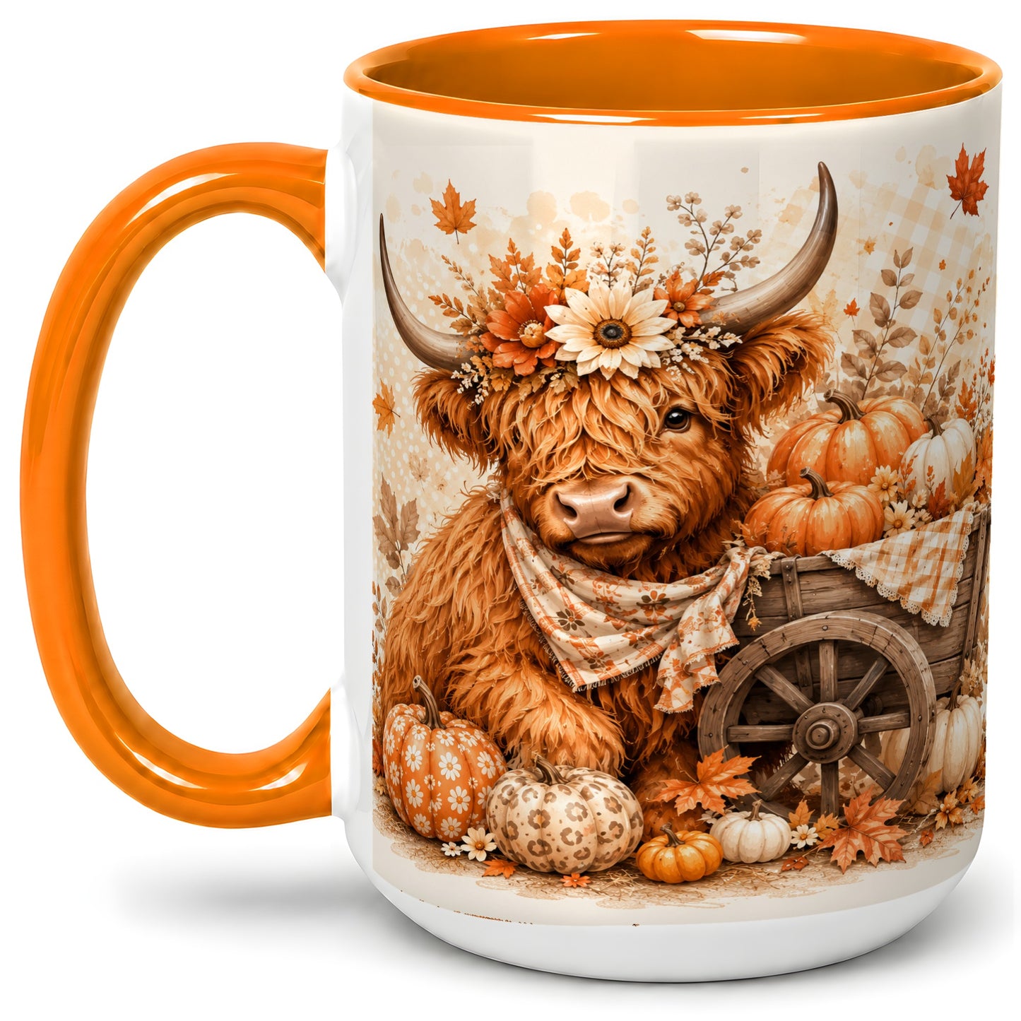 #pl[15oz|Orange] Autumn Highland Cow Accent Mug, Mug with Pumpkin Floral Artwork