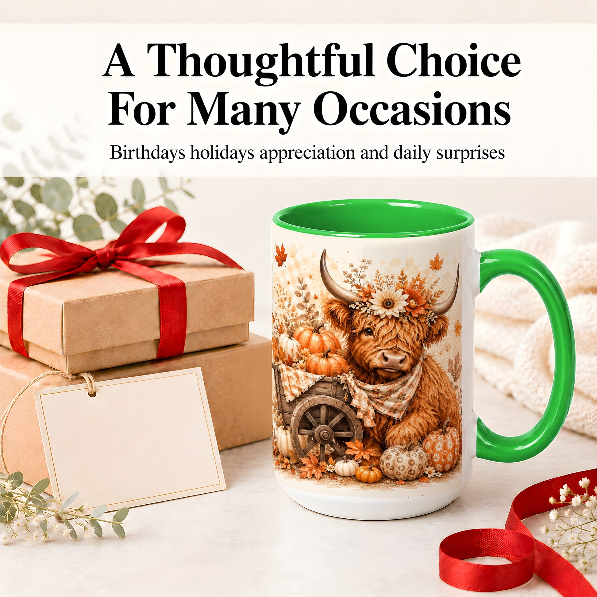 #pl[15oz|Green] Autumn Highland Cow Accent Mug, Mug with Pumpkin Floral Artwork