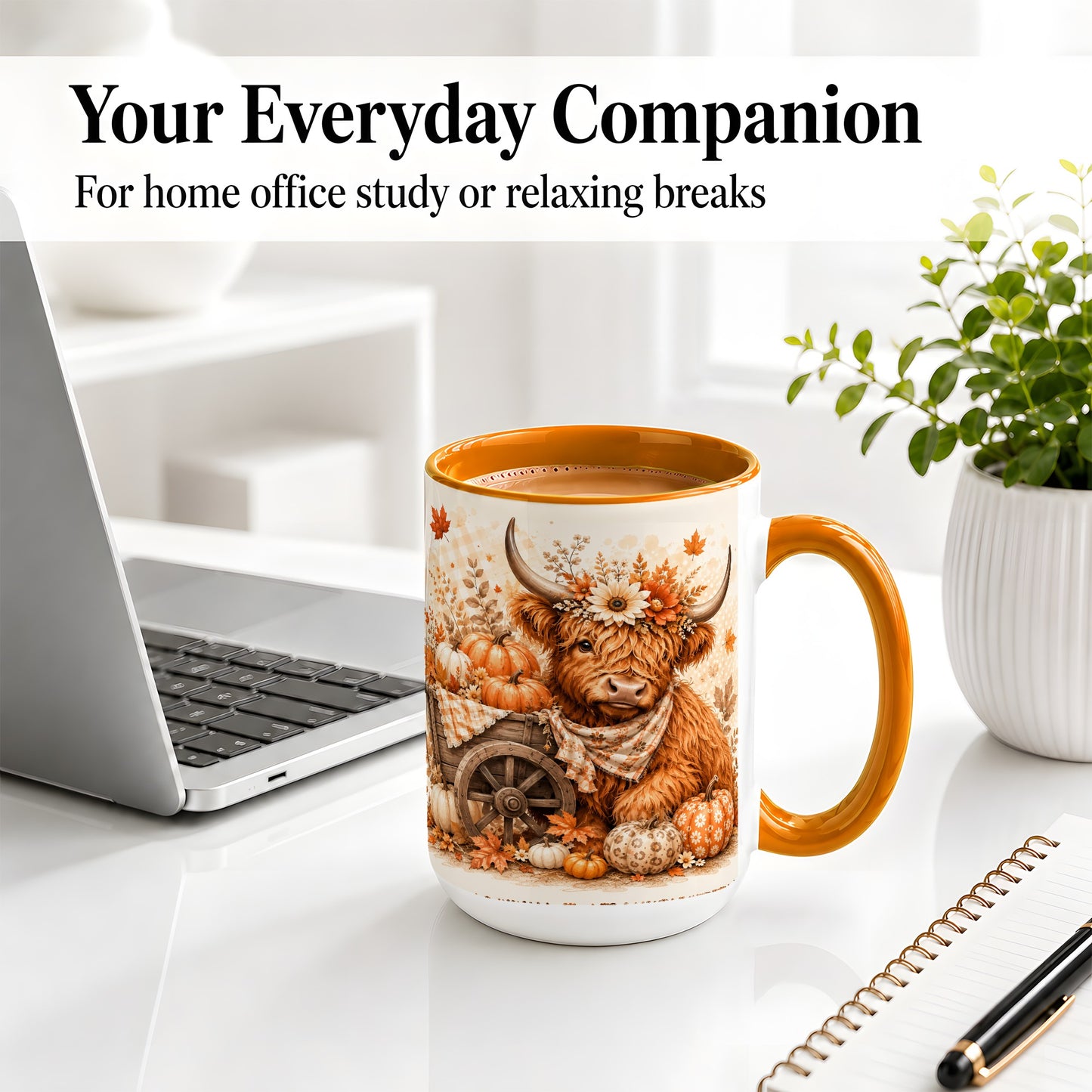 #pl[15oz|Orange] Autumn Highland Cow Accent Mug, Mug with Pumpkin Floral Artwork