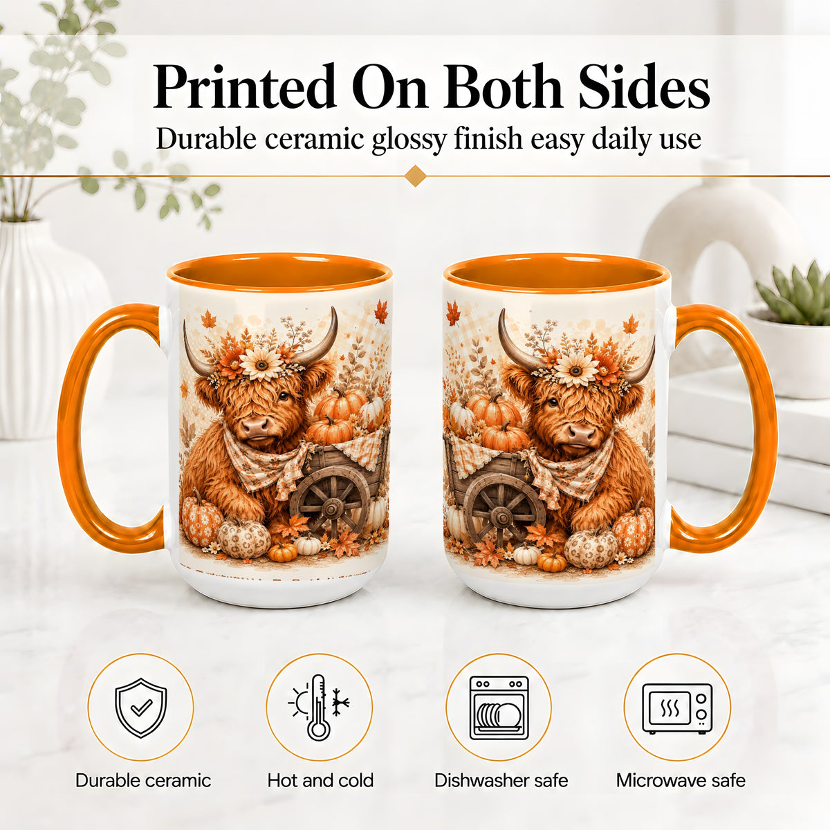 #pl[15oz|Orange] Autumn Highland Cow Accent Mug, Mug with Pumpkin Floral Artwork