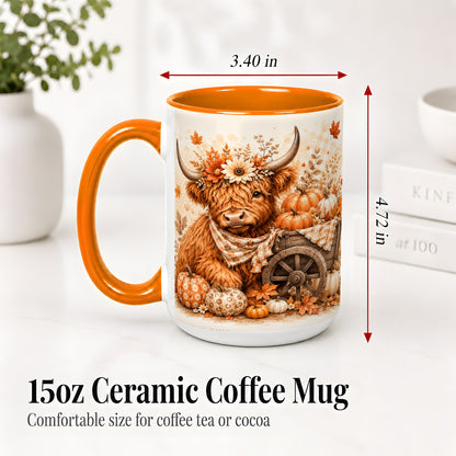 #pl[15oz|Orange] Autumn Highland Cow Accent Mug, Mug with Pumpkin Floral Artwork