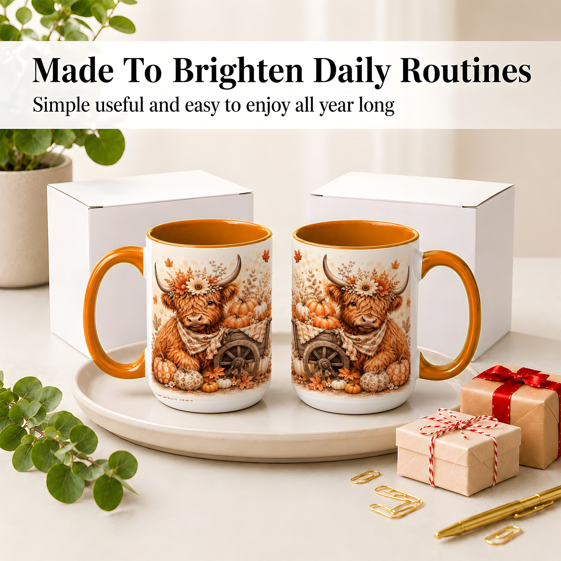 #pl[15oz|Orange] Autumn Highland Cow Accent Mug, Mug with Pumpkin Floral Artwork