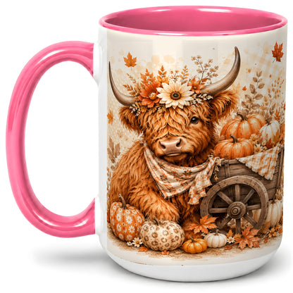 #pl[15oz|Pink] Autumn Highland Cow Accent Mug, Mug with Pumpkin Floral Artwork