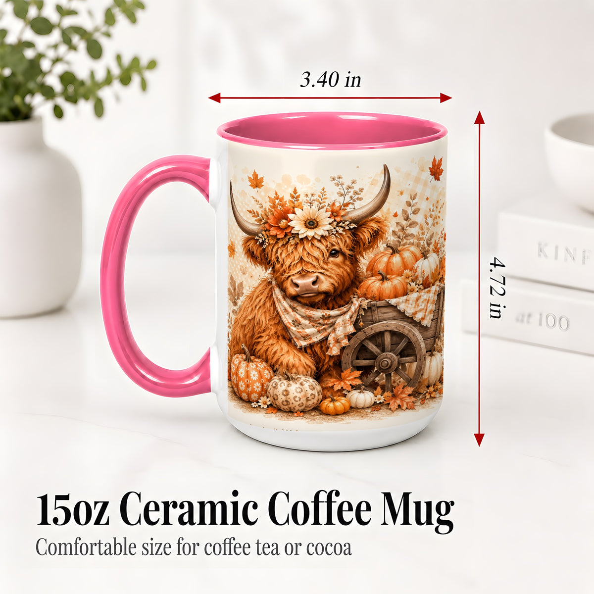 #pl[15oz|Pink] Autumn Highland Cow Accent Mug, Mug with Pumpkin Floral Artwork