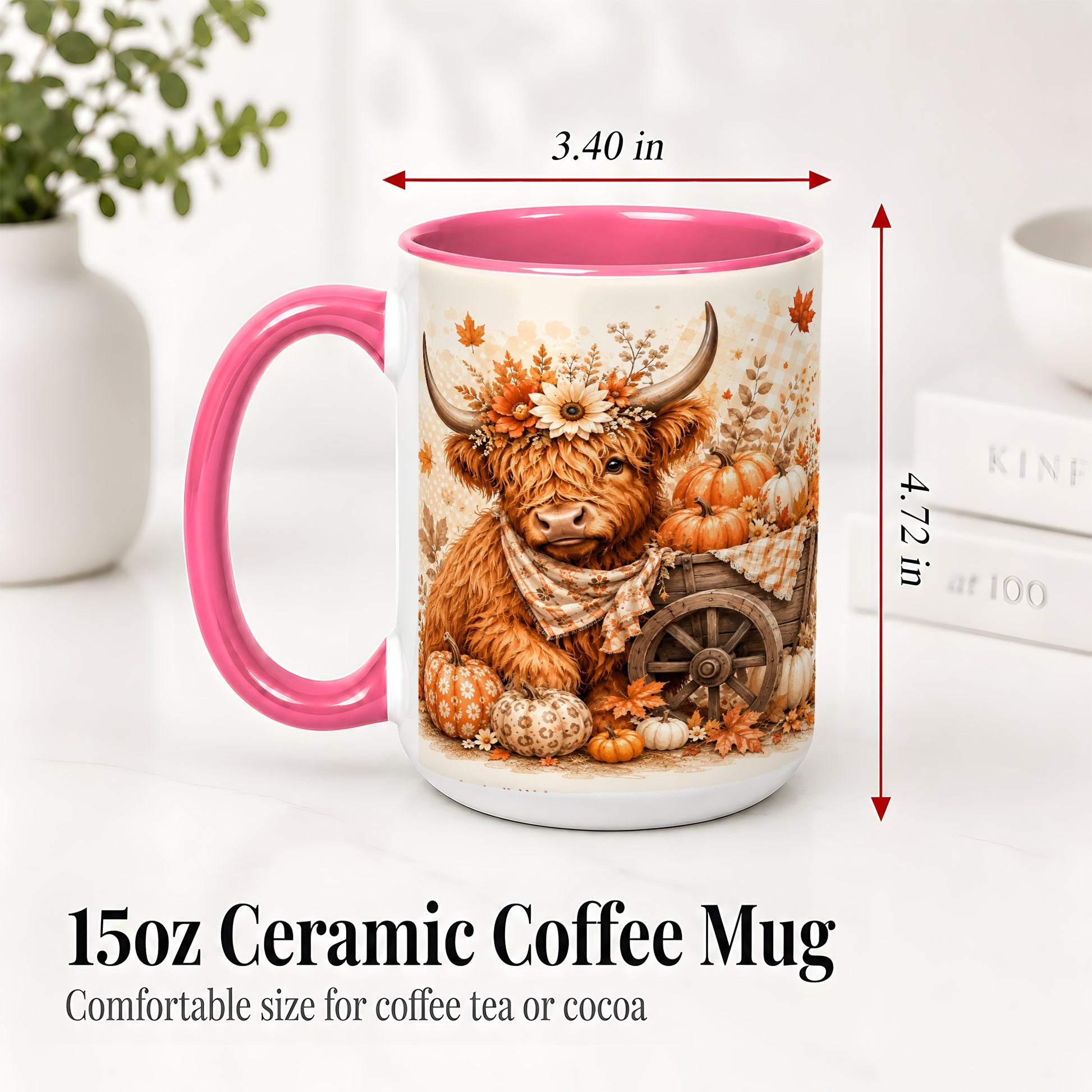 #pl[15oz|Pink] Autumn Highland Cow Accent Mug, Mug with Pumpkin Floral Artwork