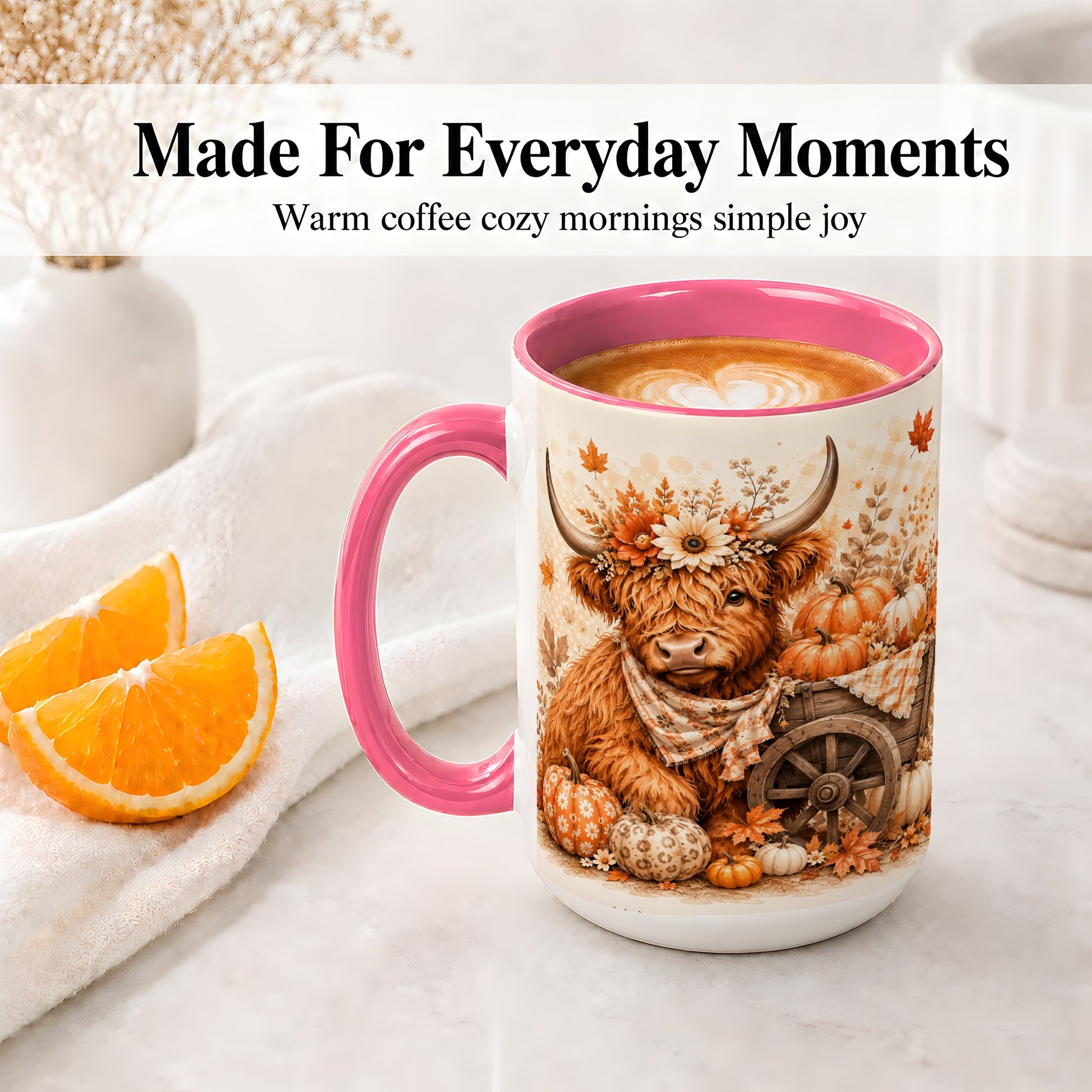 #pl[15oz|Pink] Autumn Highland Cow Accent Mug, Mug with Pumpkin Floral Artwork