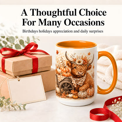 #pl[15oz|Orange] Autumn Highland Cow Accent Mug, Mug with Pumpkin Floral Artwork