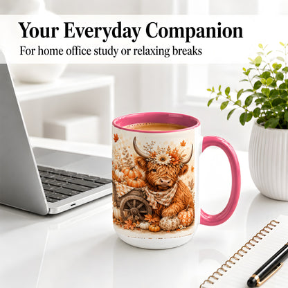 #pl[15oz|Pink] Autumn Highland Cow Accent Mug, Mug with Pumpkin Floral Artwork