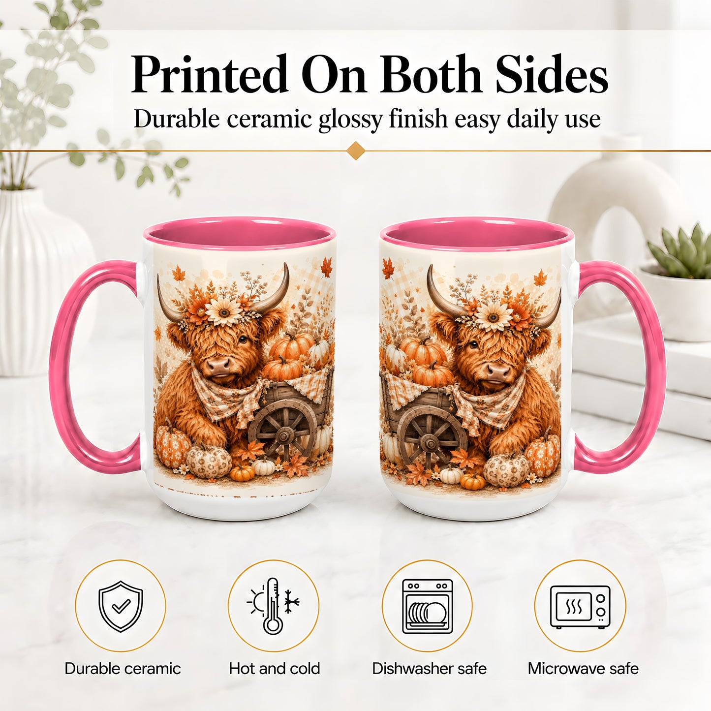 #pl[15oz|Pink] Autumn Highland Cow Accent Mug, Mug with Pumpkin Floral Artwork