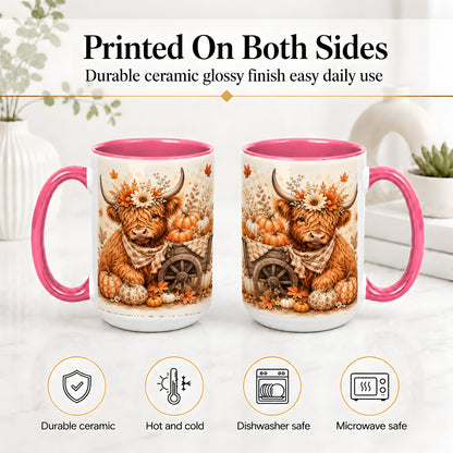 #pl[15oz|Pink] Autumn Highland Cow Accent Mug, Mug with Pumpkin Floral Artwork