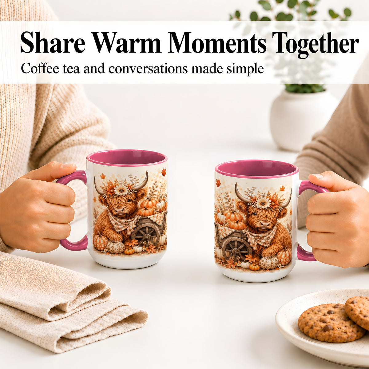 #pl[15oz|Pink] Autumn Highland Cow Accent Mug, Mug with Pumpkin Floral Artwork
