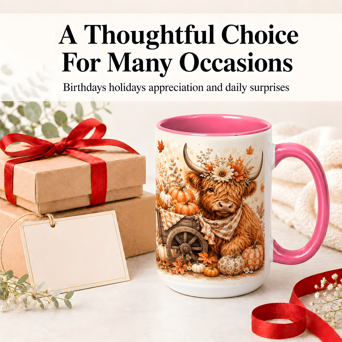 #pl[15oz|Pink] Autumn Highland Cow Accent Mug, Mug with Pumpkin Floral Artwork