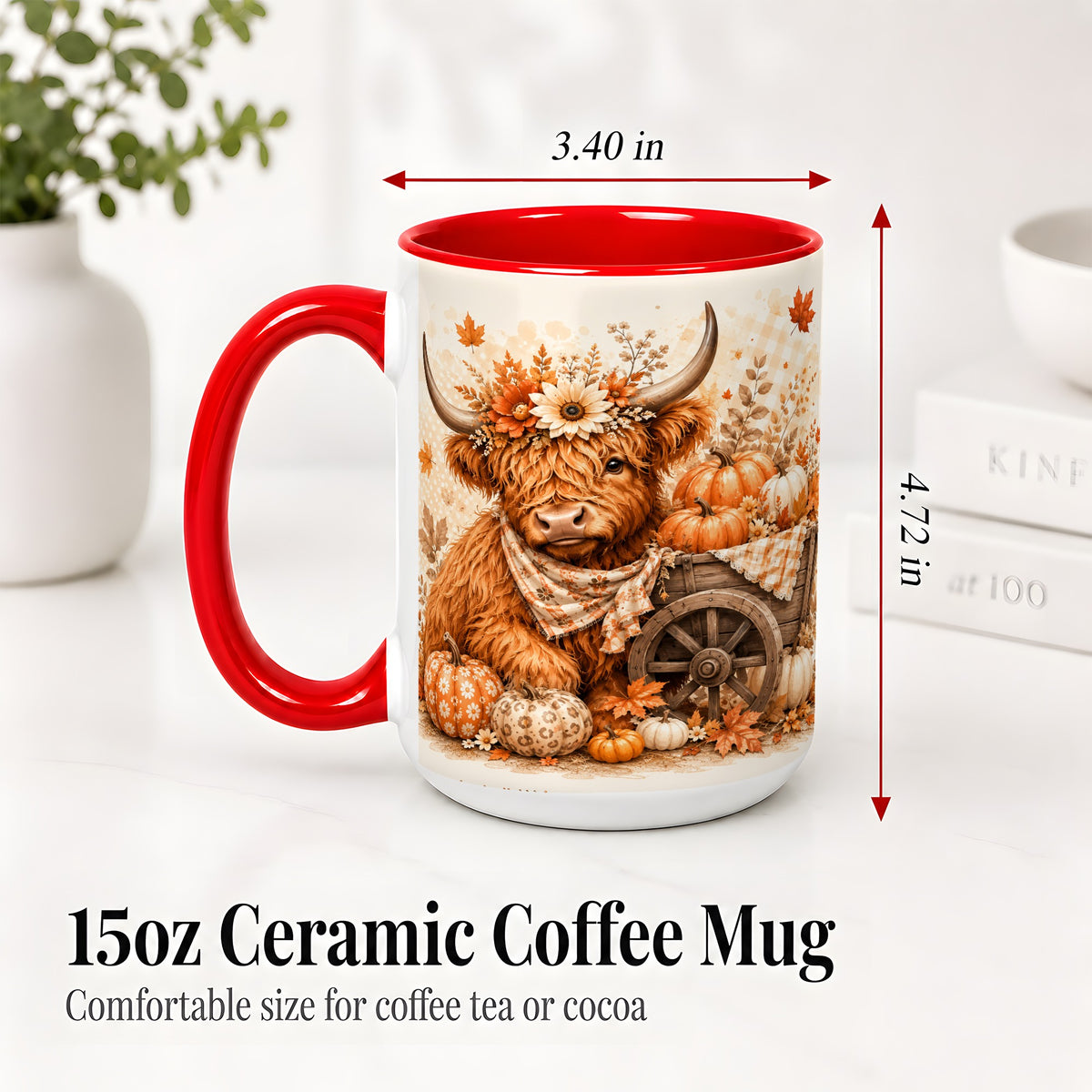 #pl[15oz|Red] Autumn Highland Cow Accent Mug, Mug with Pumpkin Floral Artwork