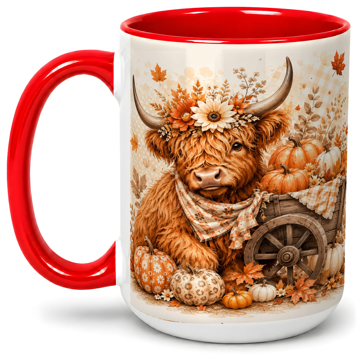 #pl[15oz|Red] Autumn Highland Cow Accent Mug, Mug with Pumpkin Floral Artwork