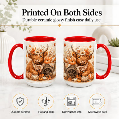 #pl[15oz|Red] Autumn Highland Cow Accent Mug, Mug with Pumpkin Floral Artwork