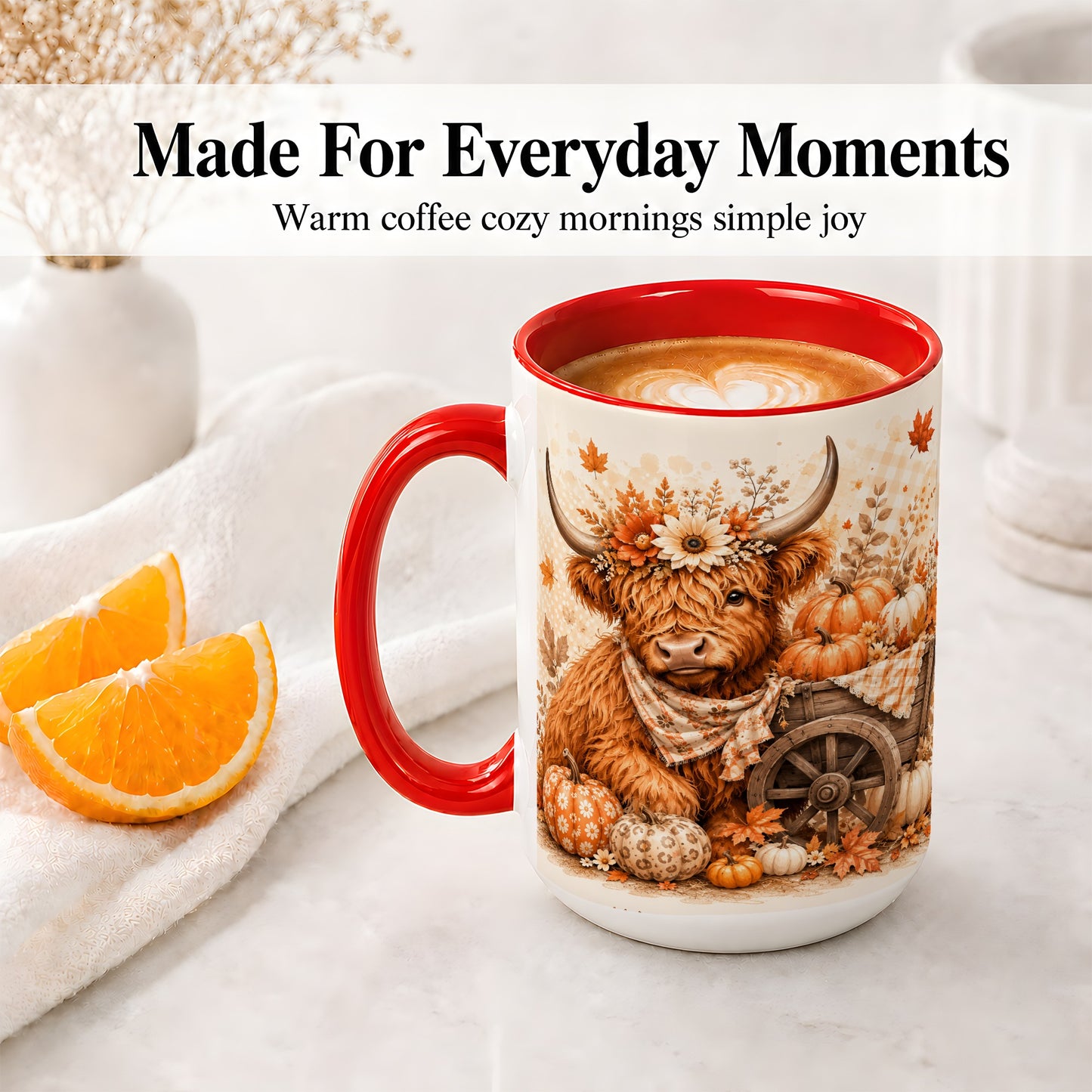 #pl[15oz|Red] Autumn Highland Cow Accent Mug, Mug with Pumpkin Floral Artwork