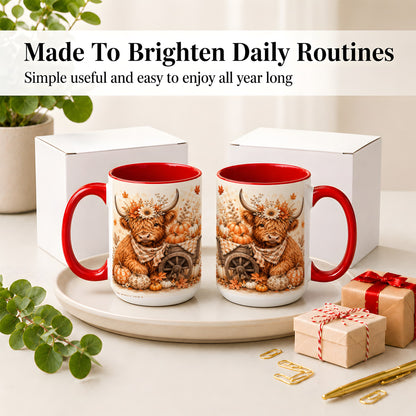 #pl[15oz|Red] Autumn Highland Cow Accent Mug, Mug with Pumpkin Floral Artwork