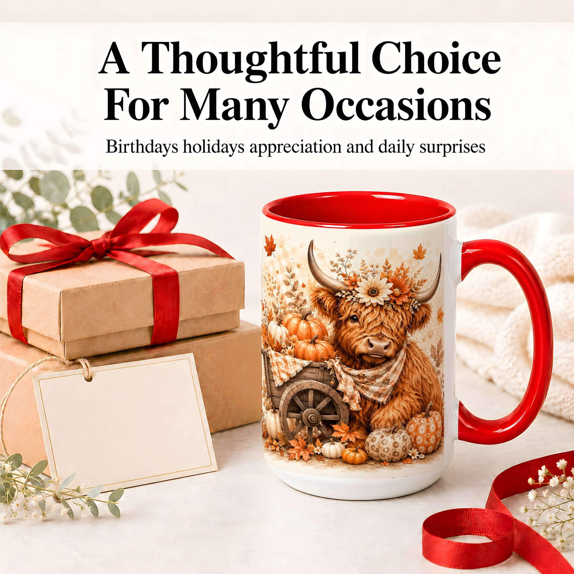#pl[15oz|Red] Autumn Highland Cow Accent Mug, Mug with Pumpkin Floral Artwork