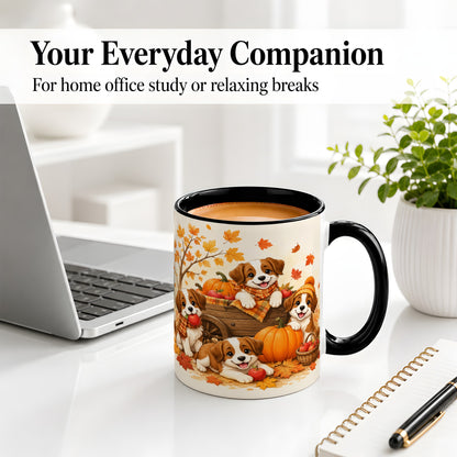 #pl[11oz|Black] Autumn Puppies Accent Mug, Mug with Pumpkin Harvest Cart Artwork