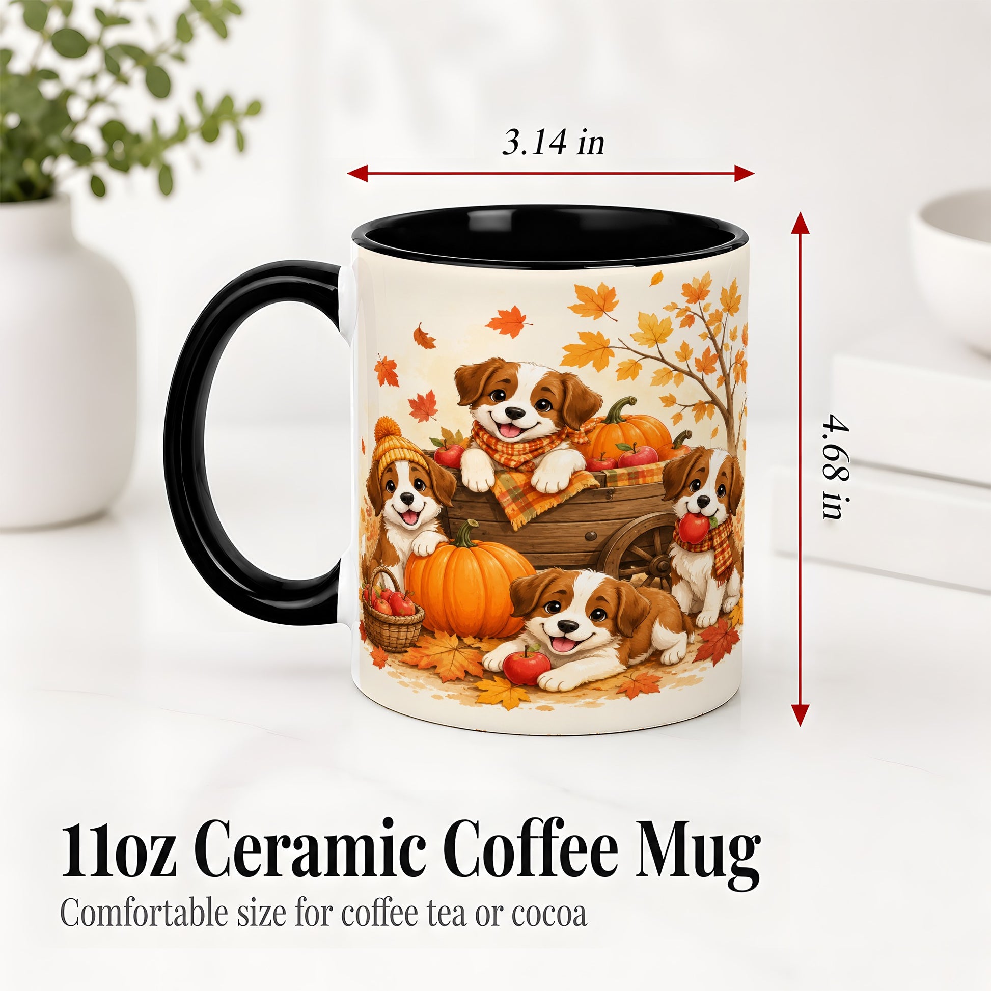 #pl[11oz|Black] Autumn Puppies Accent Mug, Mug with Pumpkin Harvest Cart Artwork