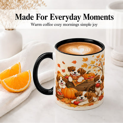 #pl[11oz|Black] Autumn Puppies Accent Mug, Mug with Pumpkin Harvest Cart Artwork