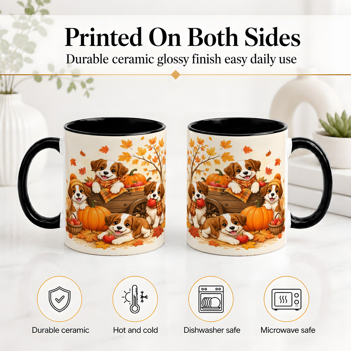 #pl[11oz|Black] Autumn Puppies Accent Mug, Mug with Pumpkin Harvest Cart Artwork