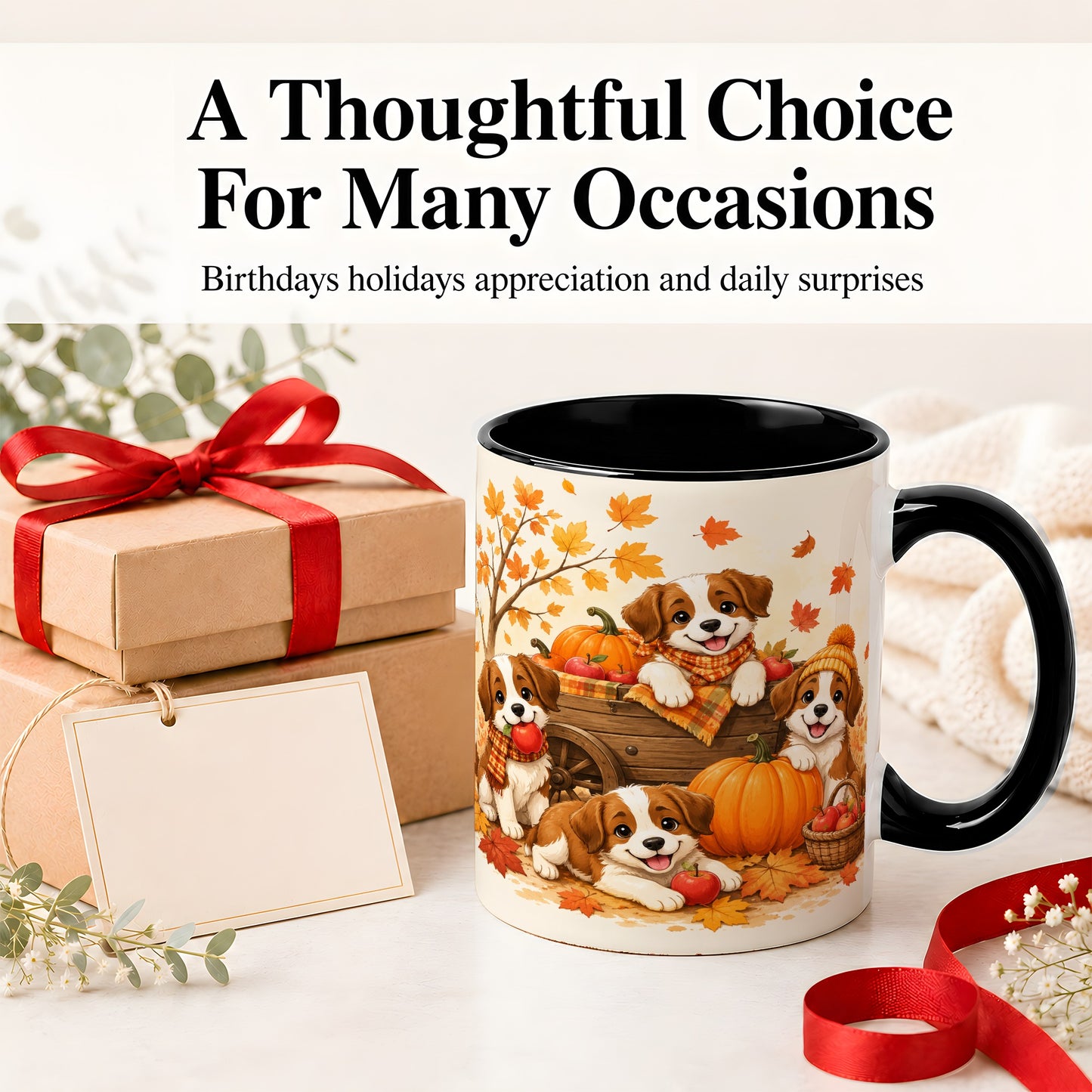 #pl[11oz|Black] Autumn Puppies Accent Mug, Mug with Pumpkin Harvest Cart Artwork