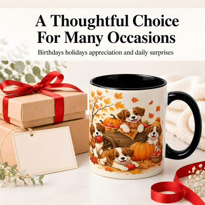 #pl[11oz|Black] Autumn Puppies Accent Mug, Mug with Pumpkin Harvest Cart Artwork