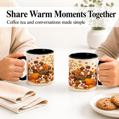 #pl[11oz|Black] Autumn Puppies Accent Mug, Mug with Pumpkin Harvest Cart Artwork