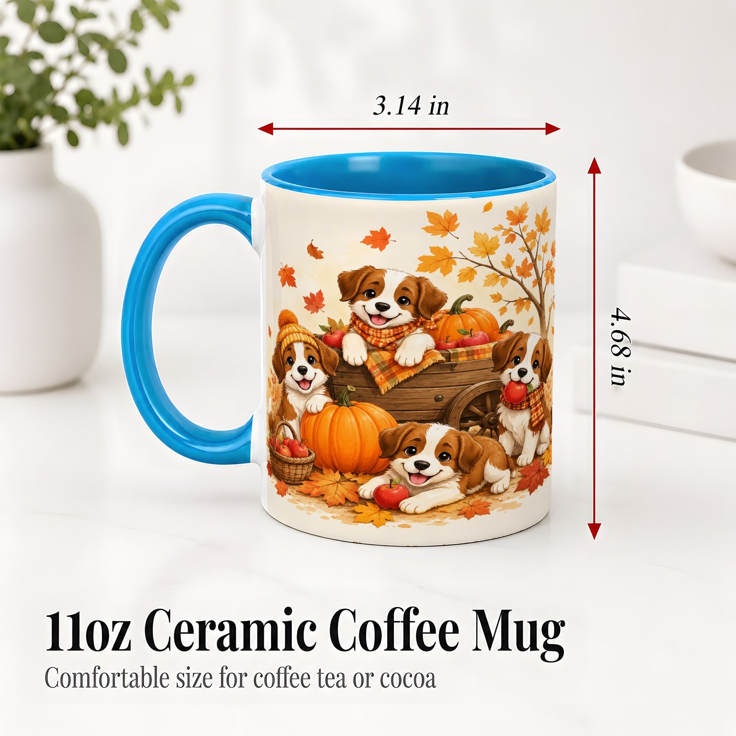 #pl[11oz|Blue] Autumn Puppies Accent Mug, Mug with Pumpkin Harvest Cart Artwork