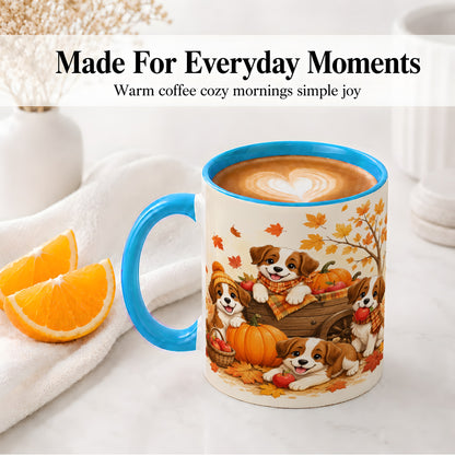 #pl[11oz|Blue] Autumn Puppies Accent Mug, Mug with Pumpkin Harvest Cart Artwork