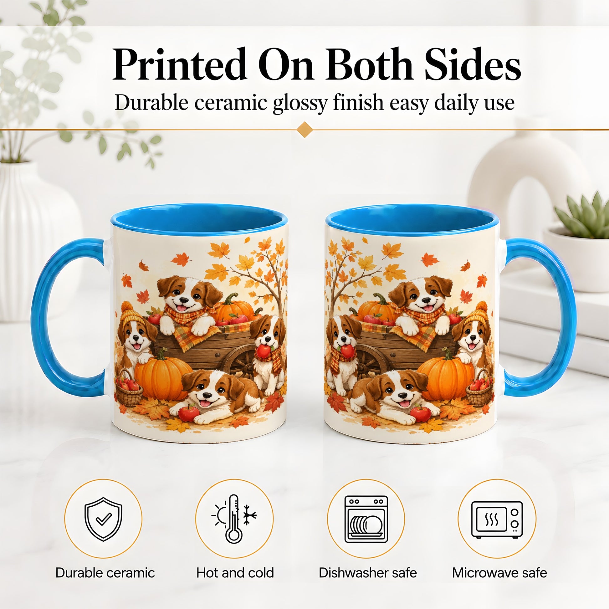 #pl[11oz|Blue] Autumn Puppies Accent Mug, Mug with Pumpkin Harvest Cart Artwork