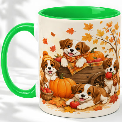 #pl[11oz|Green] Autumn Puppies Accent Mug, Mug with Pumpkin Harvest Cart Artwork